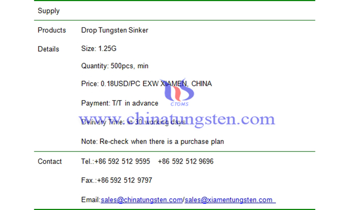 drop tungsten sinker price picture