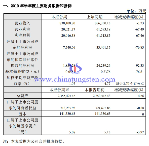 2019年上半年廈門鎢業(yè)主要財務數(shù)據(jù)和指標
