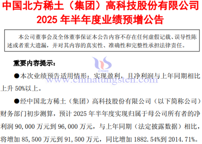 北方稀土2025年上半年凈利潤(rùn)預(yù)增公告