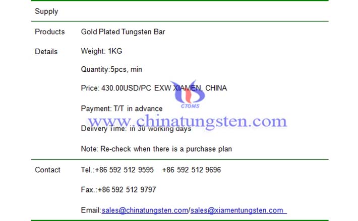 gold plated tungsten bar price picture