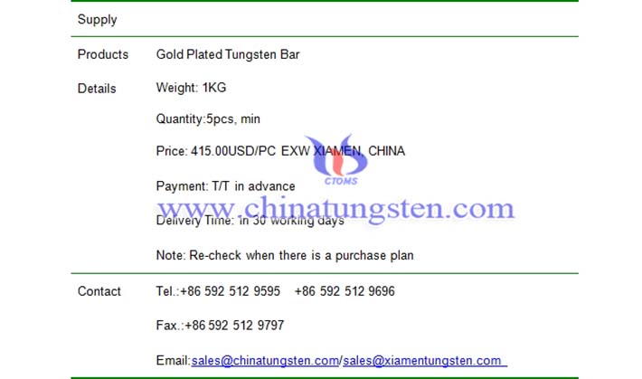 gold plated tungsten bar price picture