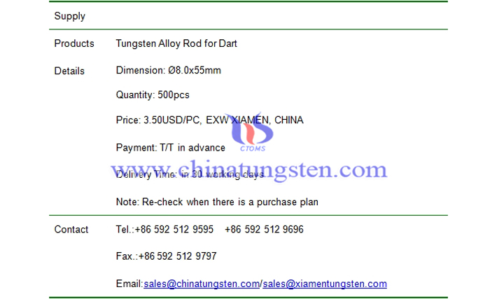 tungsten alloy rod for dart price picture