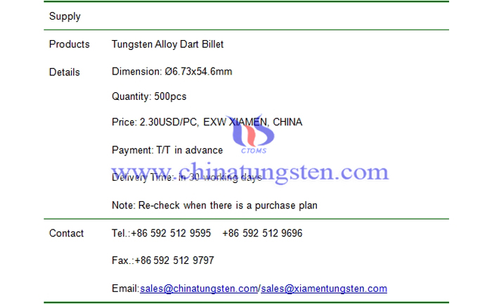 tungsten alloy dart billet price picture