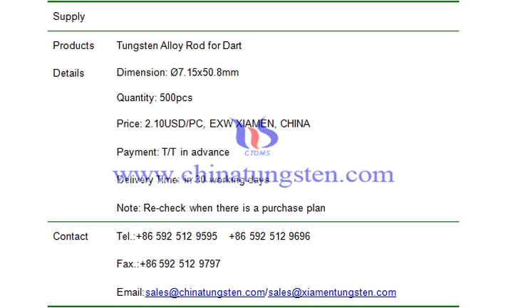 tungsten alloy rod for dart price picture