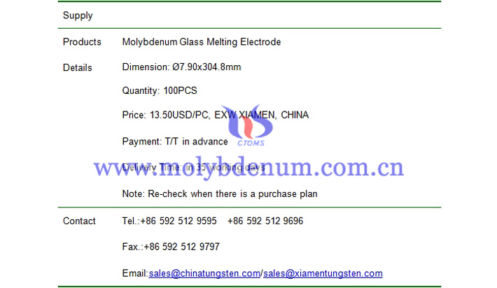 molybdenum glass melting electrode price picture