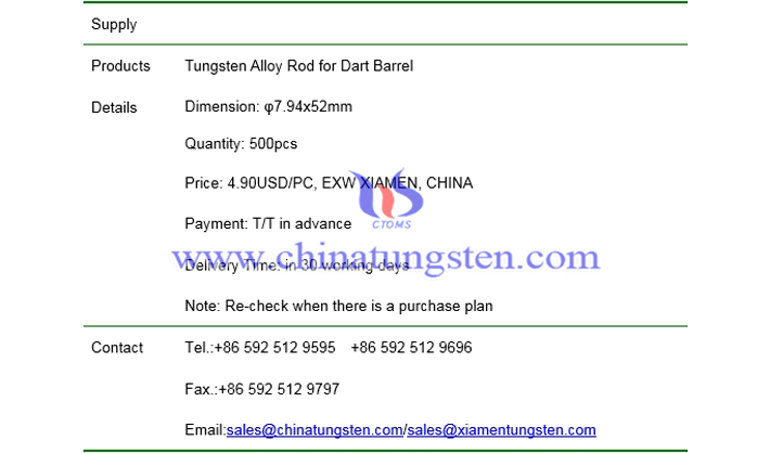 tungsten alloy rod for dart barrel price picture