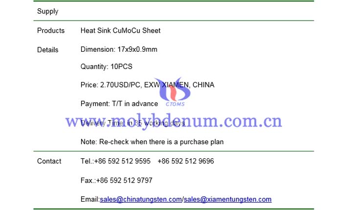 heat sink CuMoCu sheet price picture