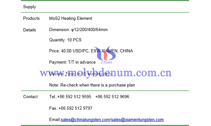 MoS2 heating element price picture