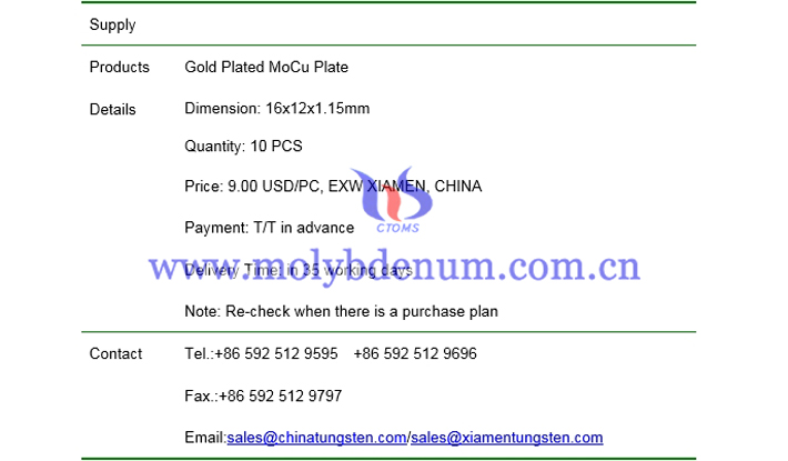 gold plated MoCu plate price picture