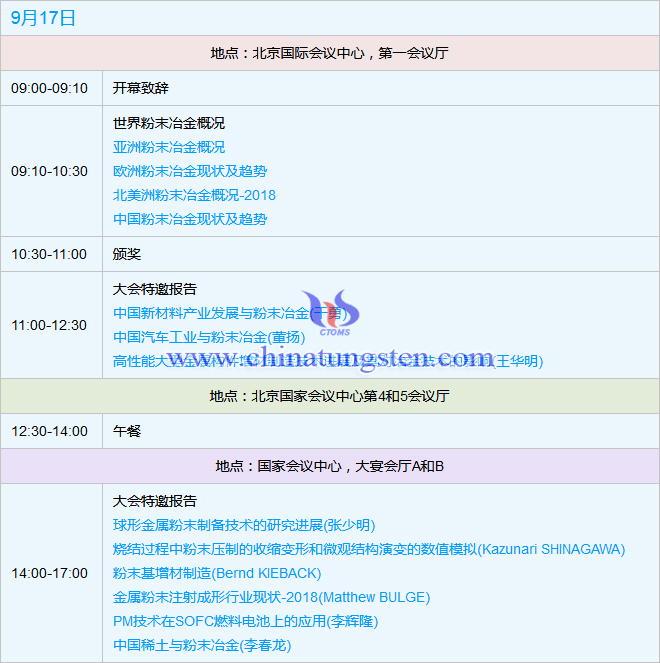 世界粉末冶金大會(huì)會(huì)議日程-2018年9月17日