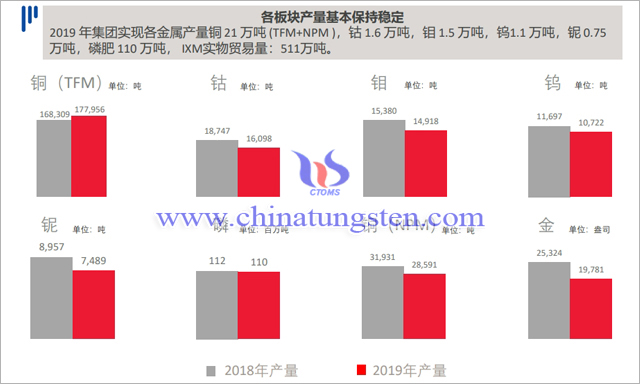 洛鉬2019年各金屬板塊產(chǎn)量