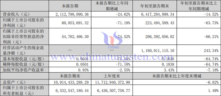 中科三環(huán)2023年第三季度業(yè)績(jī)表