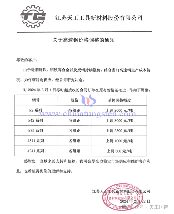 江蘇天工工具新材料股份有限公司上調高速鋼價格