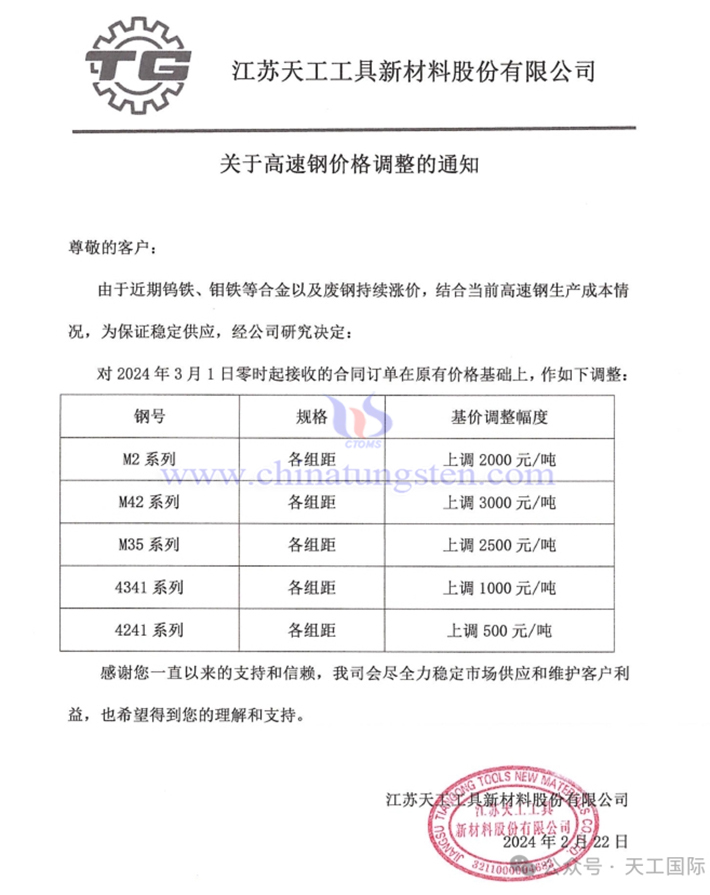 江蘇天工工具新材料股份有限公司漲價(jià)通知函